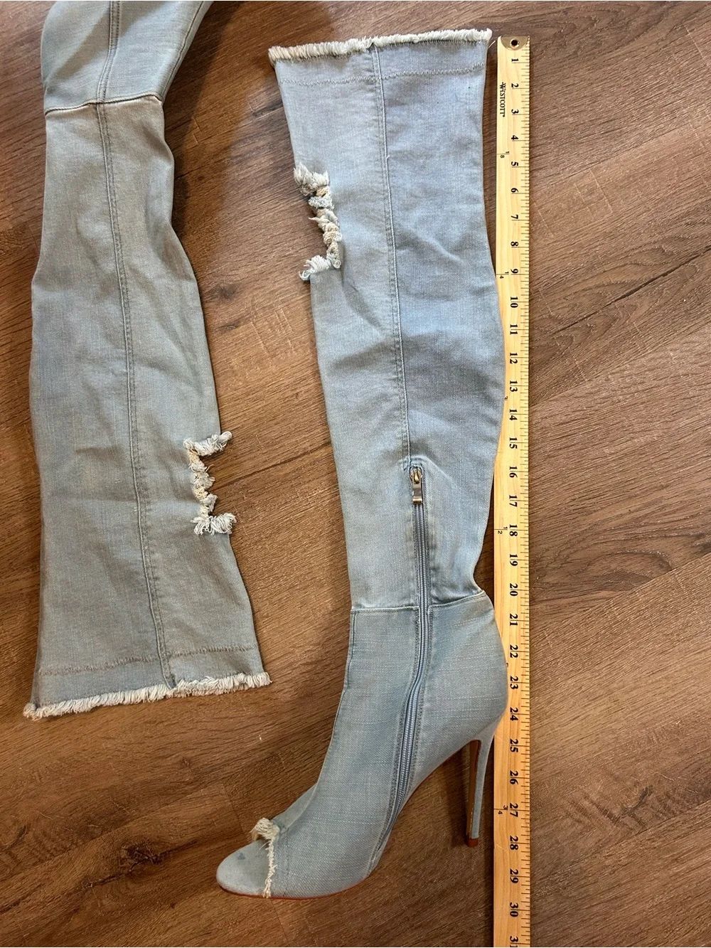 Womens Thigh-High Over-the-Knee Denim Distressed Stiletto Boots Light Wash 11